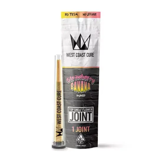 1719277799-1714783787-wcc_cureflower_singles_strawwberry-banana.webp West Coast Cure Strawberry Banana OG - Top Shelf CUREjoint 1g - Image 1